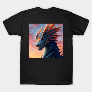 Intricate Orange and Blue Scaled Dragon at Sunrise T-Shirt